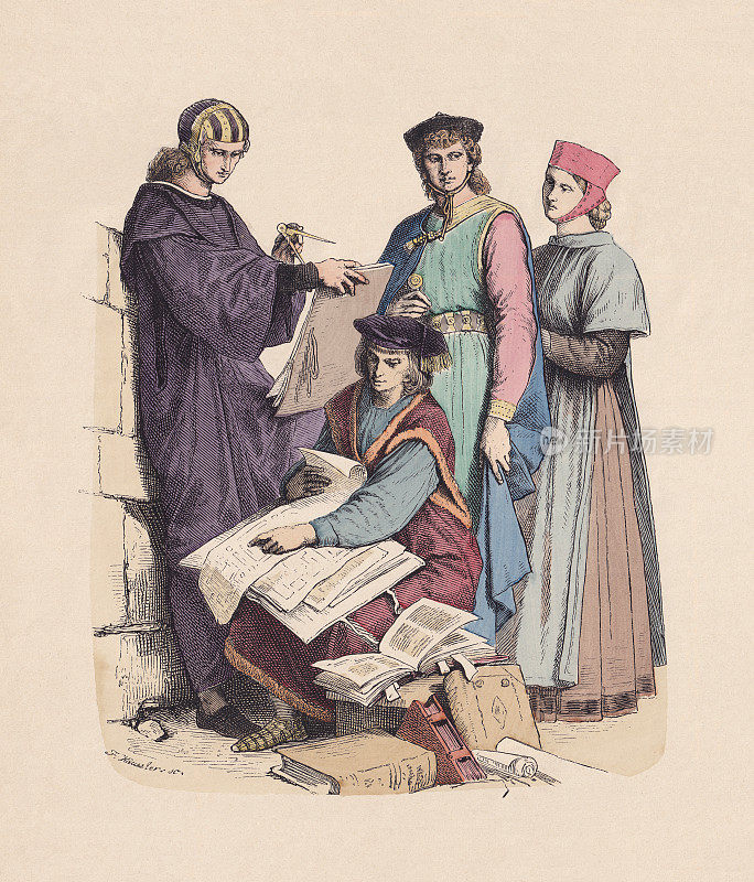 意大利学者，德国公民，13世纪，手工彩色木刻，出版于1880年左右