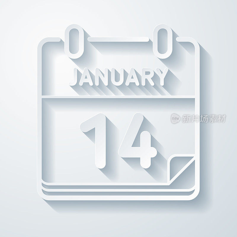 1月14日。在空白背景上具有剪纸效果的图标