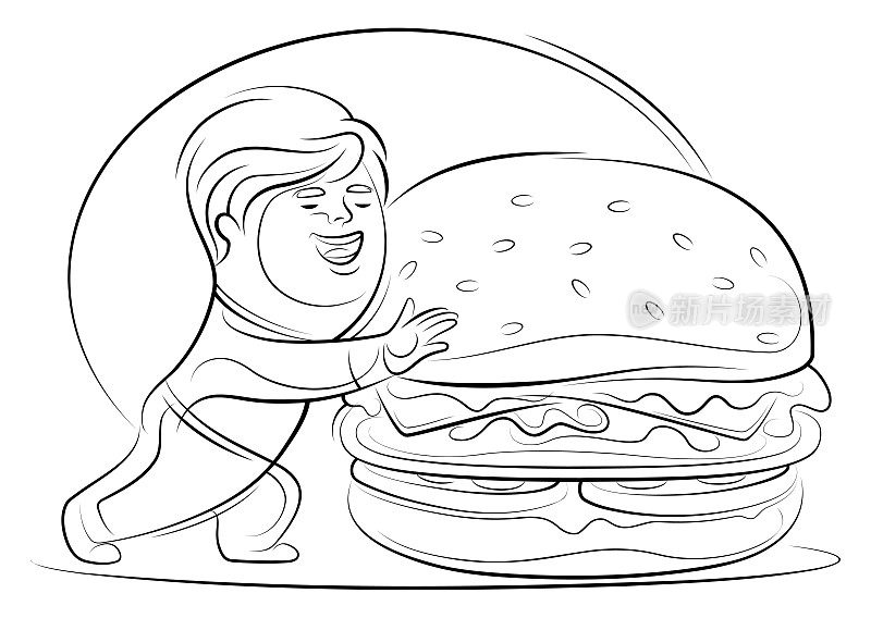 快乐的男孩抱着大汉堡画线