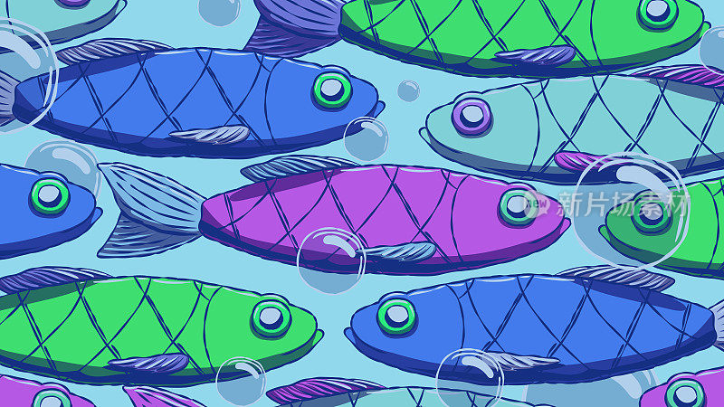 有趣的卡通背景插图-学校的鱼。