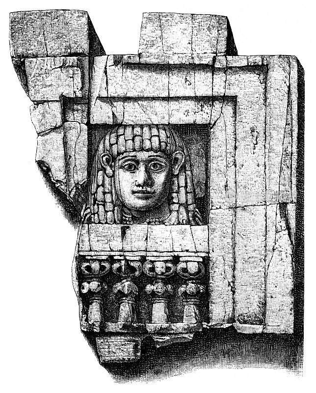 腓尼基象牙镶板，描绘了一个妇女的头和肩膀，戴着埃及假发和项链，从窗户往里看。发现于尼姆鲁德的西北宫。大英博物馆收藏的，公元前8世纪