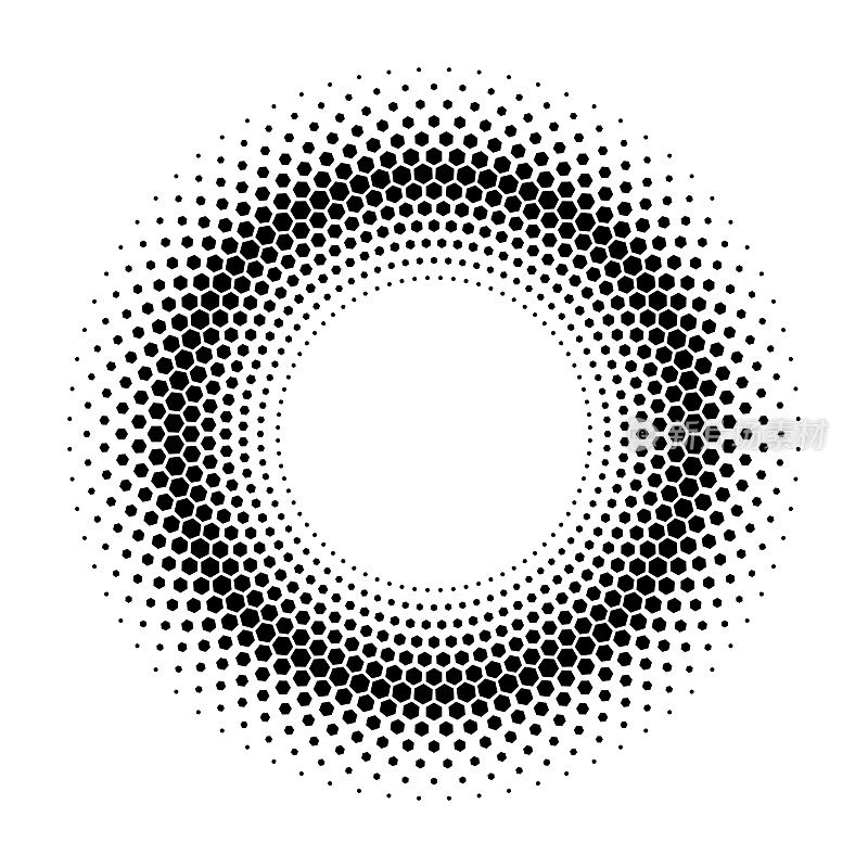 六边形的双色圆形图案，在白色上