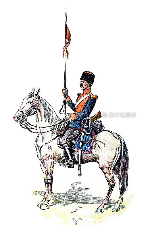 土耳其军队:手持长矛的骑手，侧面视角，白色背景