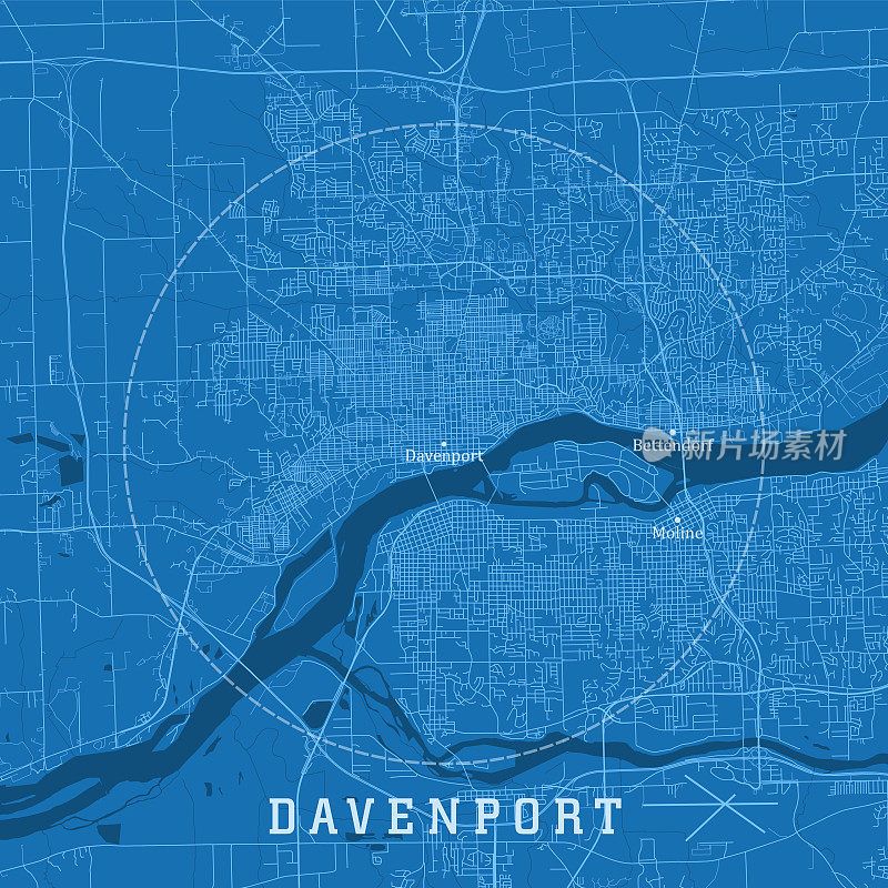 达文波特IA城市矢量道路地图蓝色文本