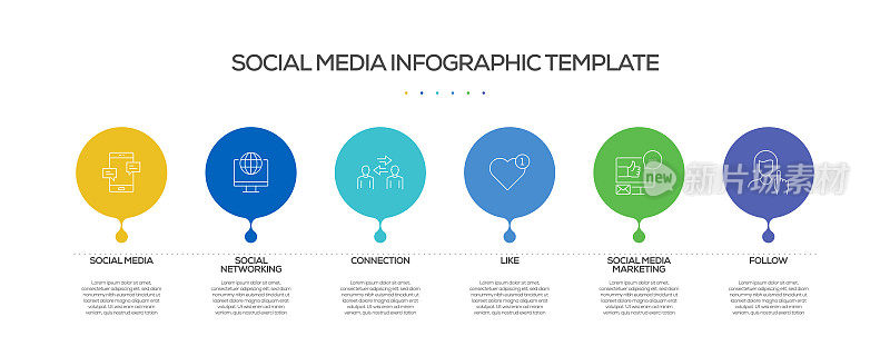 社交媒体相关流程信息图表模板。过程时间图。带有线性图标的工作流布局