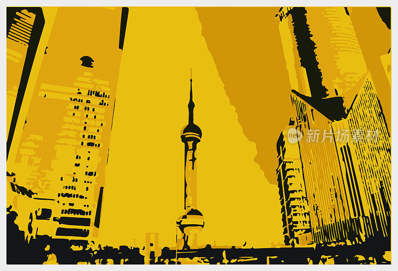 矢量艺术雕刻效果上海城市插画背景