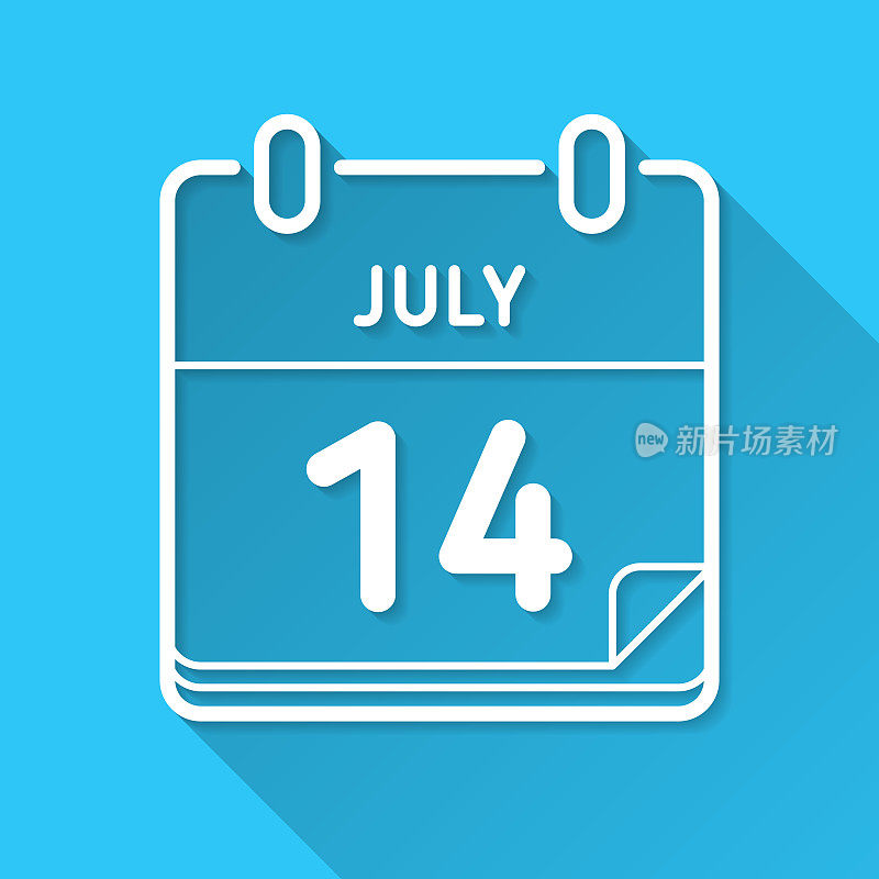 7月14日。图标在蓝色背景-平面设计与长阴影