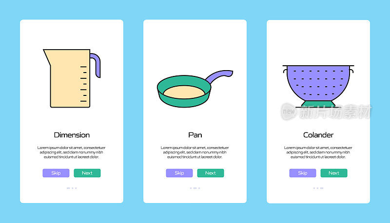 在移动应用页面上使用扁平图标的烹饪概念。用户体验，UI设计模板矢量插图