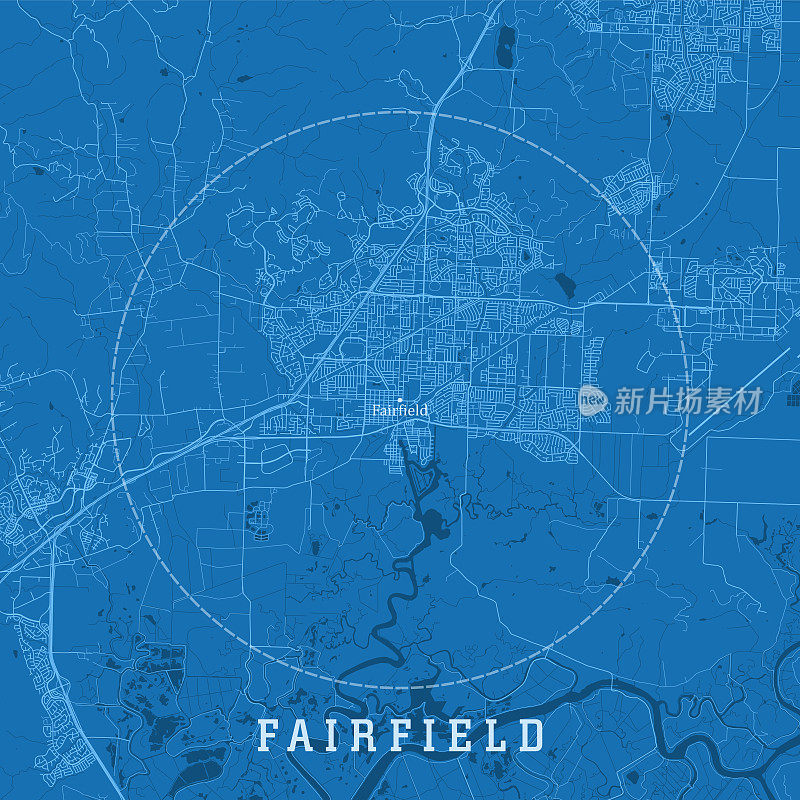 费尔菲尔德CA城市矢量道路图蓝色文本