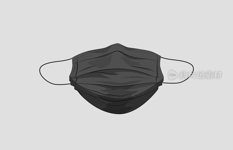 黑色医用口罩模板。用于冠状病毒大流行的保护性呼吸卫生口罩。