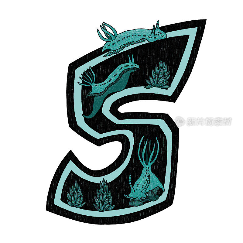 字母S是字母创意字体的一部分。黑白字母与抽象蓝绿色海蛞蝓海居民。为设计，室内，海报，印刷，印刷的手绘字母插图。