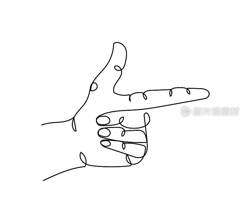 枪的手势一行艺术。连续的线条画的手势，手，食指，指向。