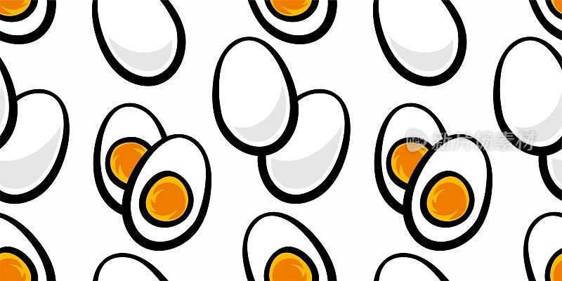 鸡蛋无缝的背景。有壳和没有壳的煮鸡蛋。蛋黄。