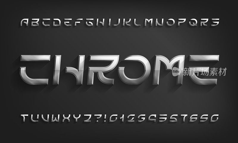 Chrome字母字体。未来主义的铬字母和数字与阴影。