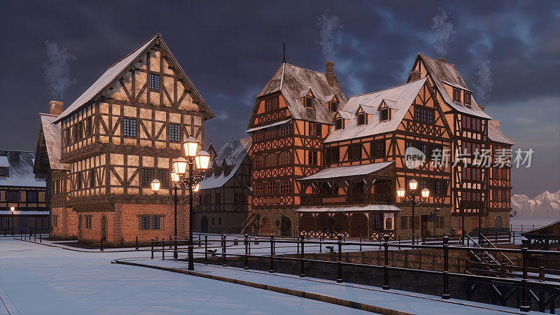 冬日的夜晚，欧洲老城空旷的街道