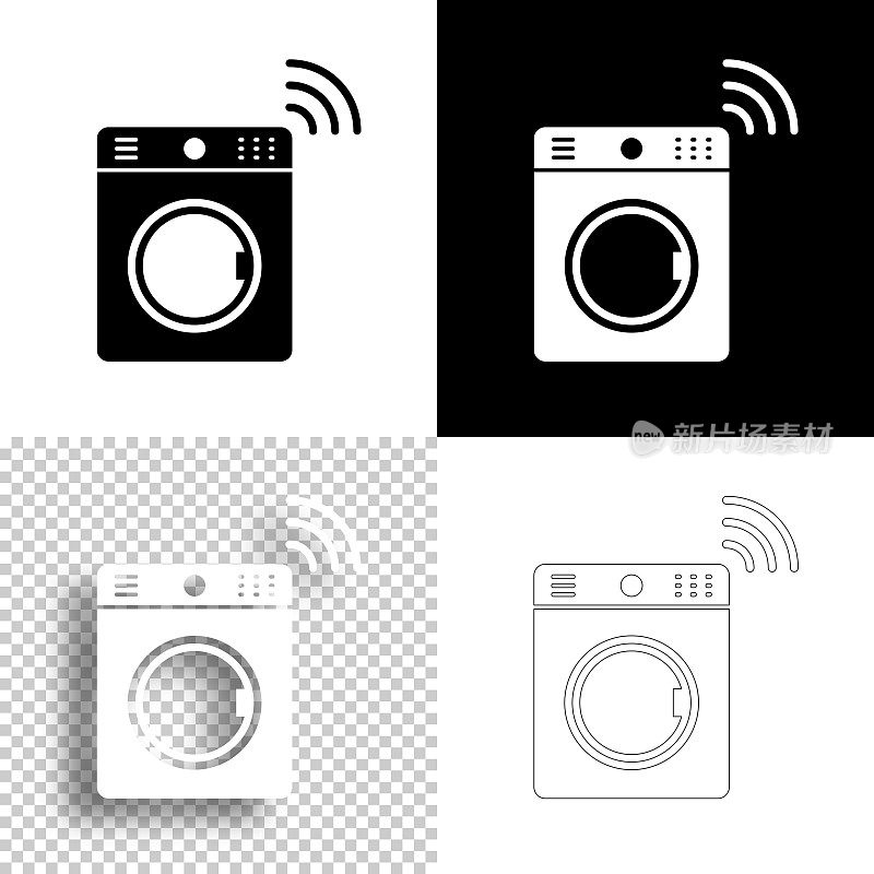 智能洗衣机。图标设计。空白，白色和黑色背景-线图标