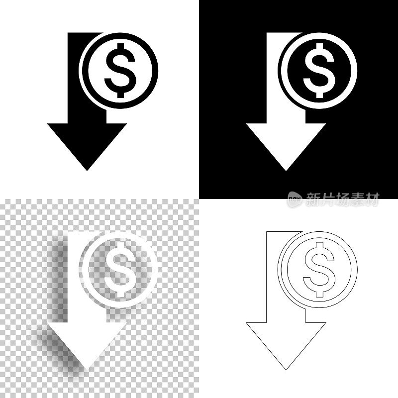 美元下降。图标设计。空白，白色和黑色背景-线图标