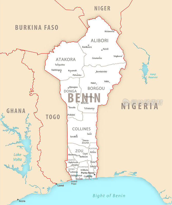 贝宁的详细地图上有该国的地区和城市。