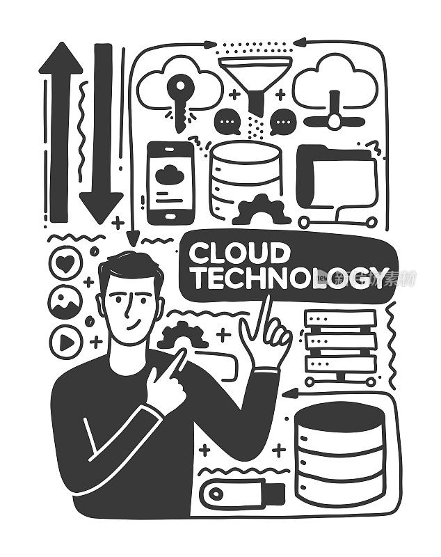 云技术的概念。一个拥有云技术图标的年轻人。手绘涂鸦设计。