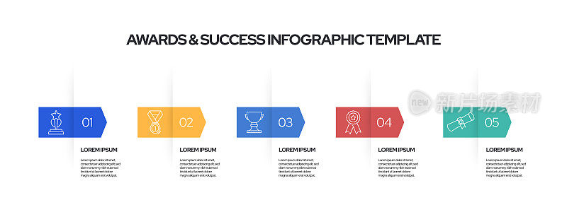 奖项和成功概念矢量线信息图形设计图标。5选项或步骤的介绍，横幅，工作流布局，流程图等。