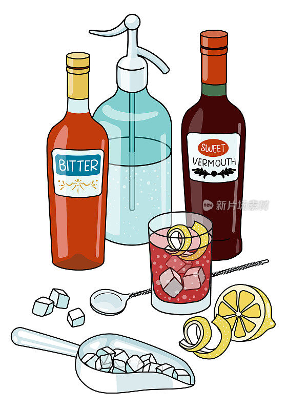 时尚的手绘涂鸦卡通风格的美式鸡尾酒组成。意大利橙味苦艾酒，红色甜苦艾酒，一杯苏打水。为酒吧菜单，烹饪书食谱，贴纸或卡片。