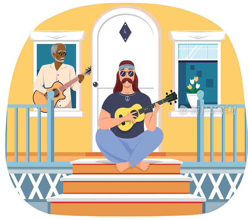 老人在家门口唱歌。有尤克里里琴的男性吟游诗人。关于吉他演奏的网站