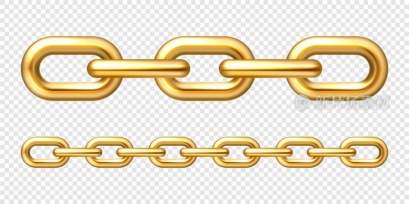 现实镀金金属链与黄金链接在方格背景。矢量插图。