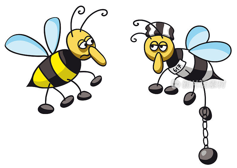两只蜜蜂，一只圈养的，矢量插图。