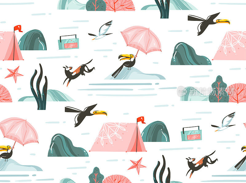 手绘矢量抽象图形卡通夏季时间平面插图无缝图案与露营帐篷，狗，巨嘴鸟，唱机和海鸥隔离在白色背景