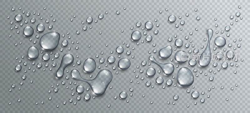 水滴或凝结在淋浴现实透明的三维矢量组成透明方格网格上，容易放在任何背景或单独使用水滴。