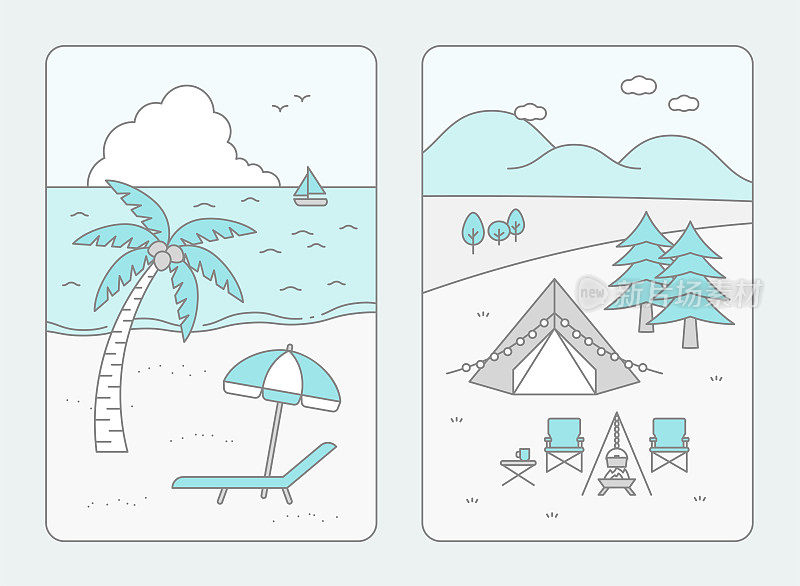海和山的景观，海滩度假村和露营地的插图