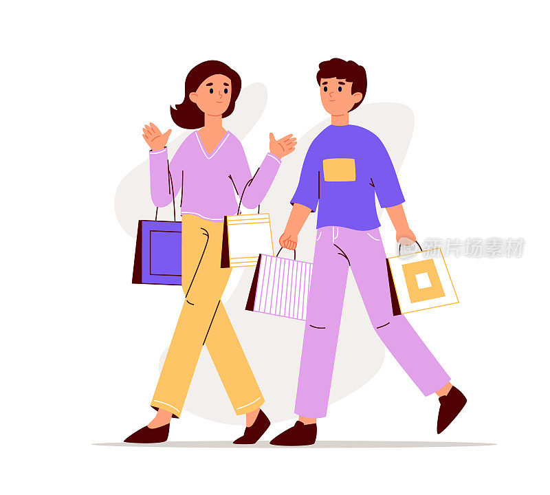 购物的情侣，一起散步的快乐年轻人。线下购买，男女角色购买商品，零售商店买家平面矢量插图集。购物的角色