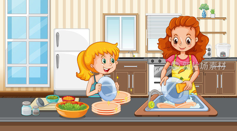 母亲和女儿在厨房洗碗的场景