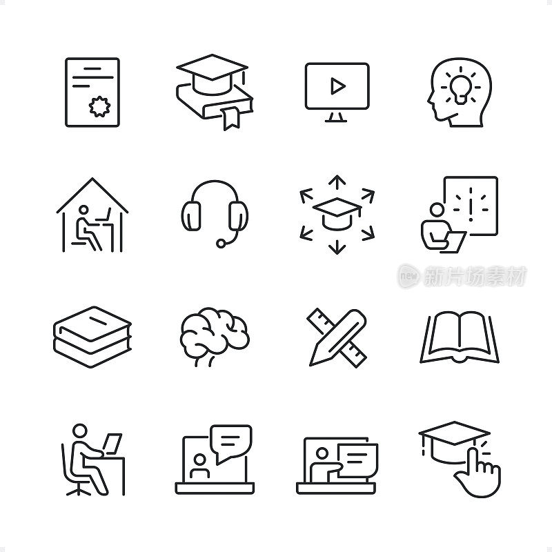 在线教育-像素完美线条图标集,可编辑笔画权重。