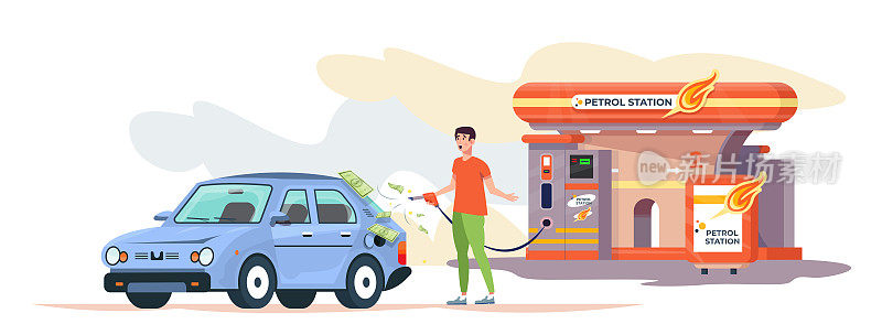 石油价格上涨。增加了桶的成本。加油站。天然气成本增加的概念。平面向量插图。