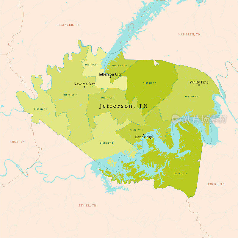 TN杰弗逊县矢量地图绿色