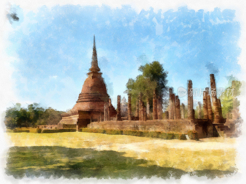 风景古遗址在素可泰世界遗产泰国水彩风格插画印象派绘画。
