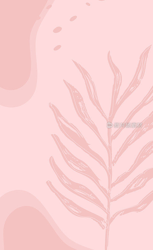 有机抽象背景。时髦的简约设计中的树叶和植物元素。柔软的粉红色。