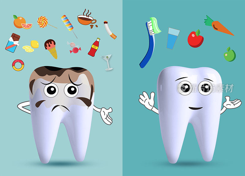 健康和不健康的牙齿和不同的产品在绿松石背景，插图。牙科保健
