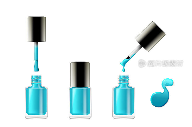 蓝色指甲油逼真的开合瓶，刷和珐琅滴。美甲容器