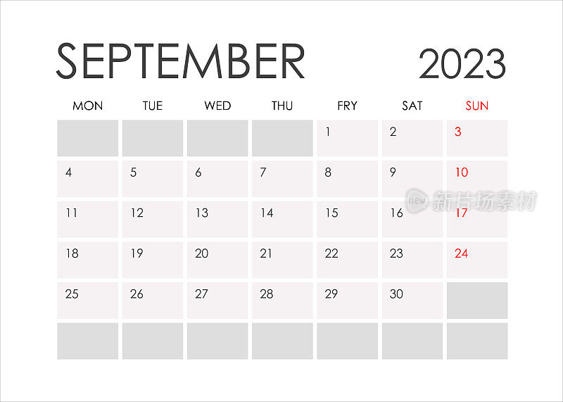 2023年9月的日历，简约风格。从星期一开始。
