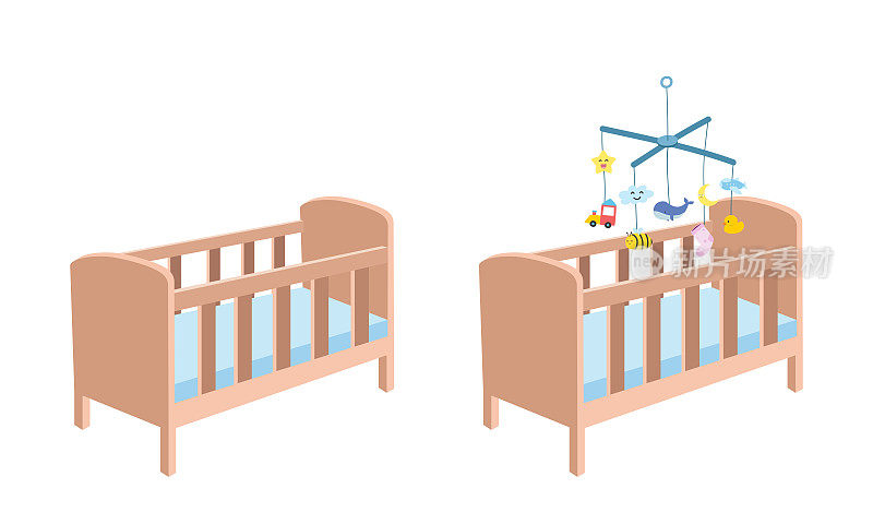 木制婴儿床剪贴画。简单可爱的婴儿床移动挂玩具平面矢量插图。婴儿床摇篮床儿童卧室卡通手绘风格。儿童，婴儿淋浴，育儿室装饰
