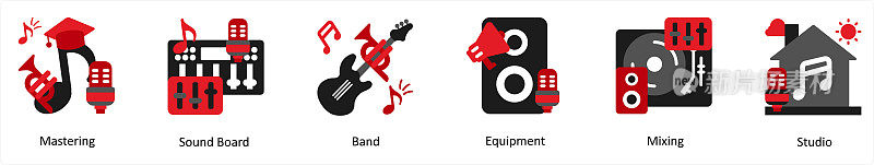 六个红色和黑色的音乐图标，分别是母版、音板、乐队、