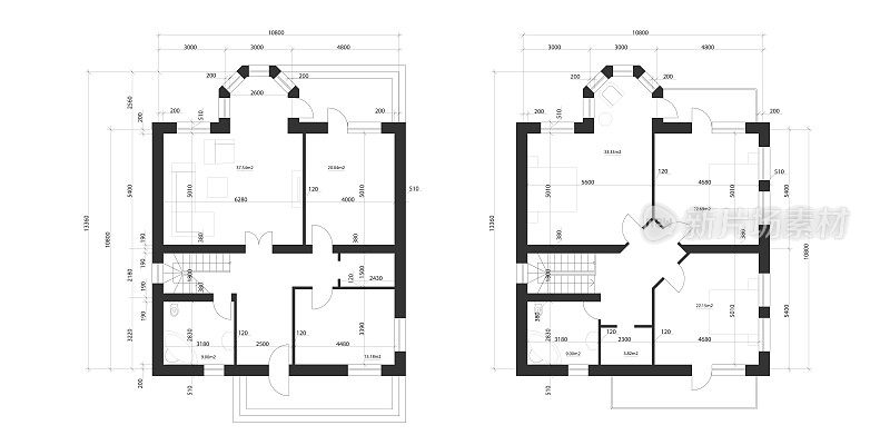 带有露台的两层庄园住宅的建筑平面图。一个独立的两层房子的布局，有三个卧室，厨房，客厅，两个浴室，更衣室和食品储藏室。