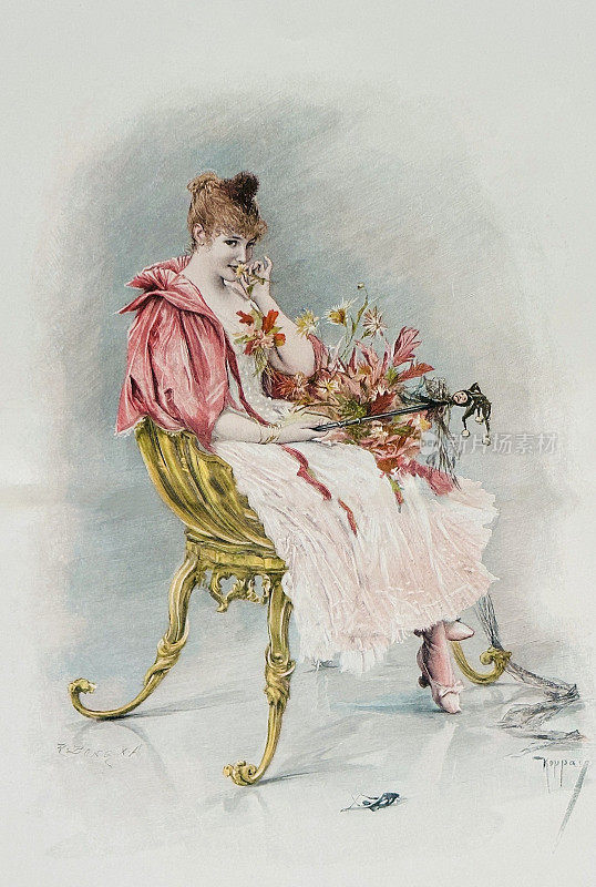 年轻漂亮的女人坐在金椅子上，手里拿着花，腿上放着一个木偶，她是派对的女王