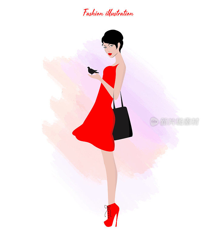 水彩背景上穿着红裙子的时尚女人