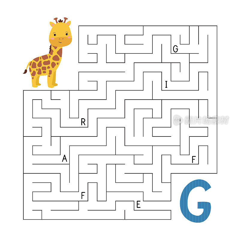 ABC迷宫游戏。儿童益智游戏。字母迷宫。帮助长颈鹿找到通往字母G的正确道路。