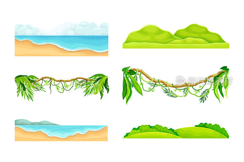 风景优美的夏日沙滩，绿色的山丘和热带植物。丛林景观设计元素卡通矢量插画