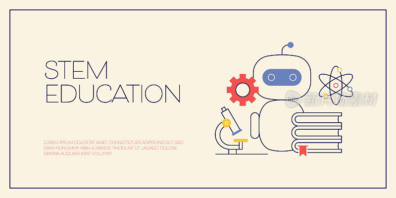 与线条图标相关的STEM教育设计。技术，科学，学习，数学，机器人。