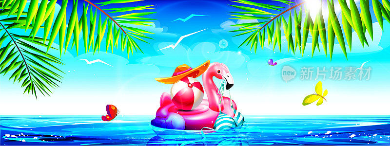 卡通风格的海滩度假概念。一只粉红色的充气火烈鸟，穿着泳装，一个球和一顶帽子，背景是夏天阳光明媚的热带风景和蝴蝶。